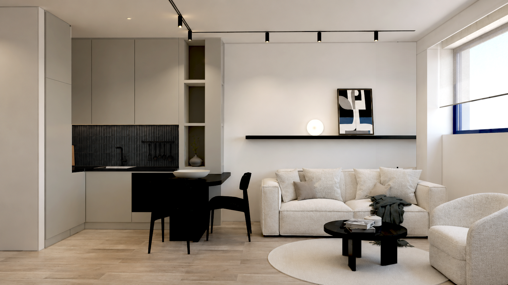 KITCHEN-LIVING AREA_GREY&BLACK TILES+KITCHEN TOP